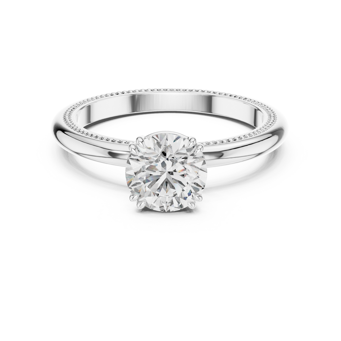 1 carat 6.5mm round lab-grown diamond engagement ring named The Aurelia featuring a yellow gold band with vintage milgrain edges by The Brillora Jewellery House, isolated on a black background.