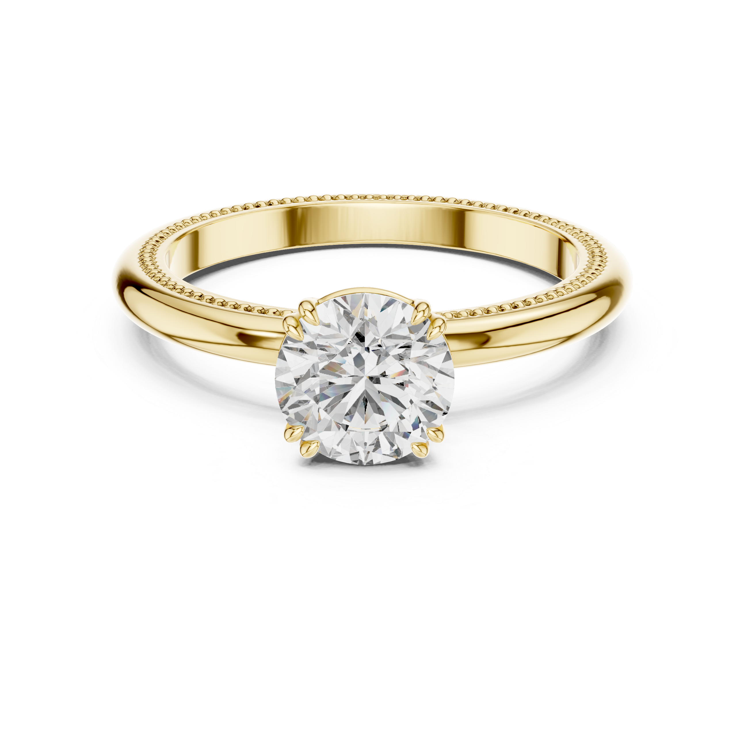 1 carat 6.5mm round lab-grown diamond engagement ring named The Aurelia featuring a yellow gold band with vintage milgrain edges by The Brillora Jewellery House, isolated on a black background.