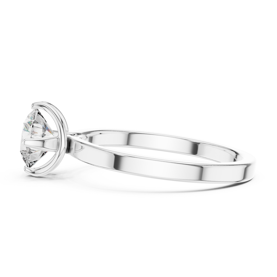 1 carat 6.5mm round lab-grown diamond engagement ring named The Celine featuring a modern flat white gold band and an architectural open bezel floating setting by The Brillora Jewellery House.