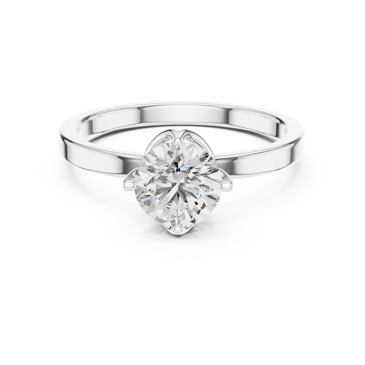 1 carat 6.5mm round lab-grown diamond engagement ring named The Celine featuring a modern flat white gold band and an architectural open bezel floating setting by The Brillora Jewellery House.