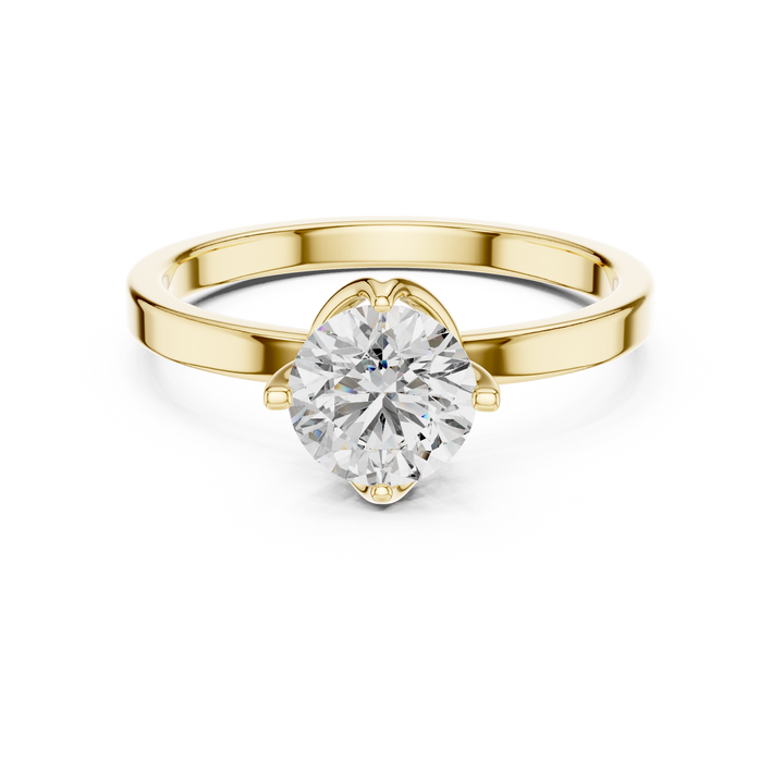 1 carat 6.5mm round lab-grown diamond engagement ring named The Celine featuring a modern flat white gold band and an architectural open bezel floating setting by The Brillora Jewellery House.