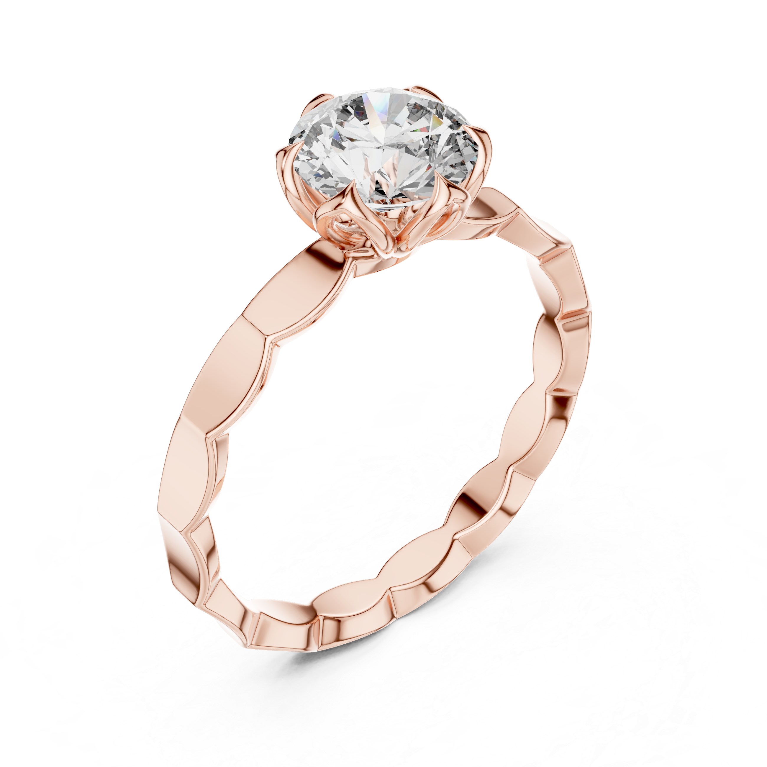 1 carat 6.5mm round lab-grown diamond engagement ring named The Lily featuring a floral petal setting and scalloped white gold band by The Brillora Jewellery House, isolated on a black background.