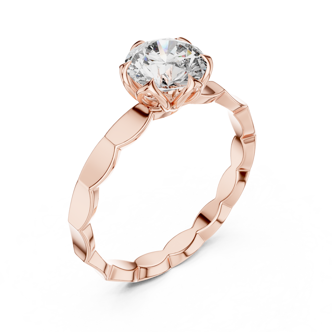 1 carat 6.5mm round lab-grown diamond engagement ring named The Lily featuring a floral petal setting and scalloped white gold band by The Brillora Jewellery House, isolated on a black background.