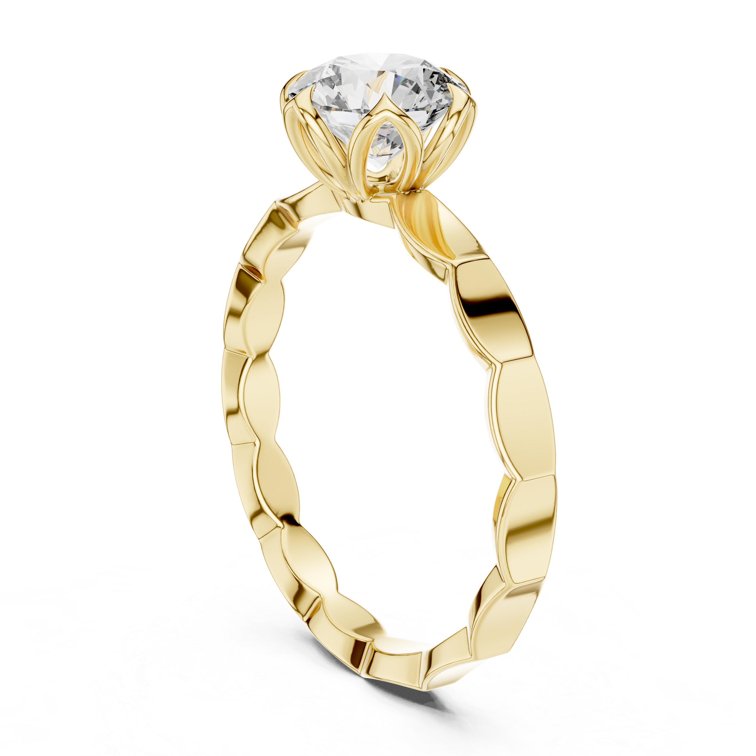 1 carat 6.5mm round lab-grown diamond engagement ring named The Lily featuring a floral petal setting and scalloped white gold band by The Brillora Jewellery House, isolated on a black background.