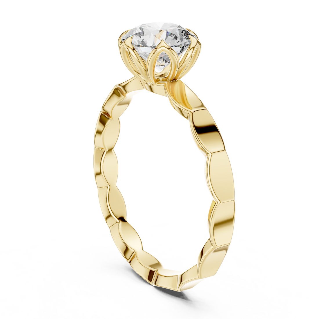 1 carat 6.5mm round lab-grown diamond engagement ring named The Lily featuring a floral petal setting and scalloped white gold band by The Brillora Jewellery House, isolated on a black background.
