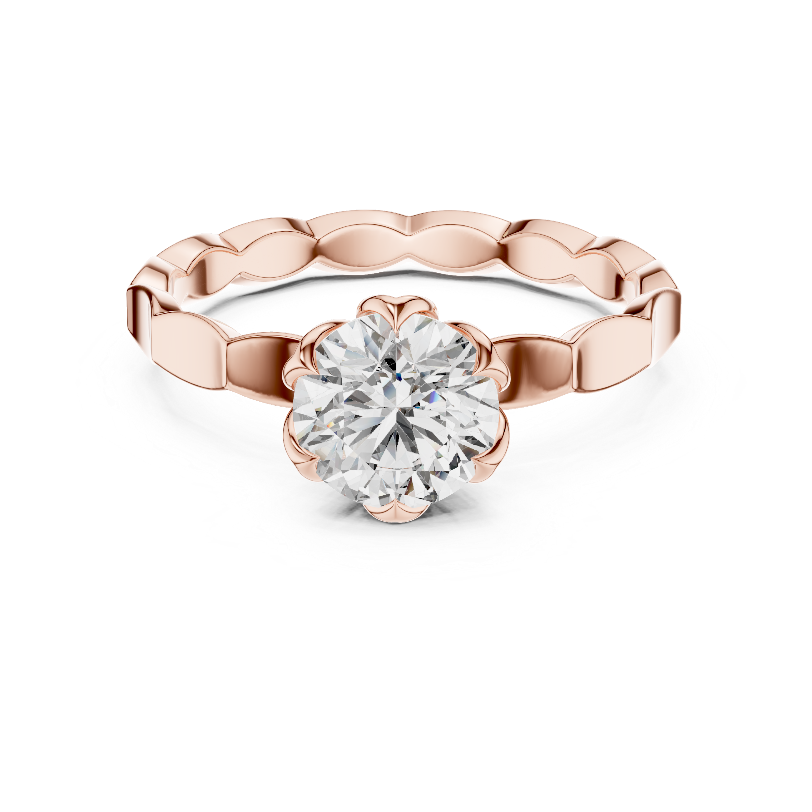 1 carat 6.5mm round lab-grown diamond engagement ring named The Lily featuring a floral petal setting and scalloped white gold band by The Brillora Jewellery House, isolated on a black background.