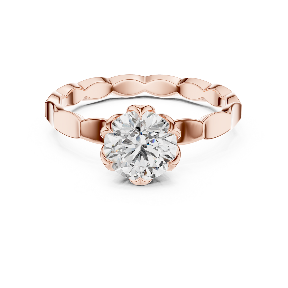 1 carat 6.5mm round lab-grown diamond engagement ring named The Lily featuring a floral petal setting and scalloped white gold band by The Brillora Jewellery House, isolated on a black background.