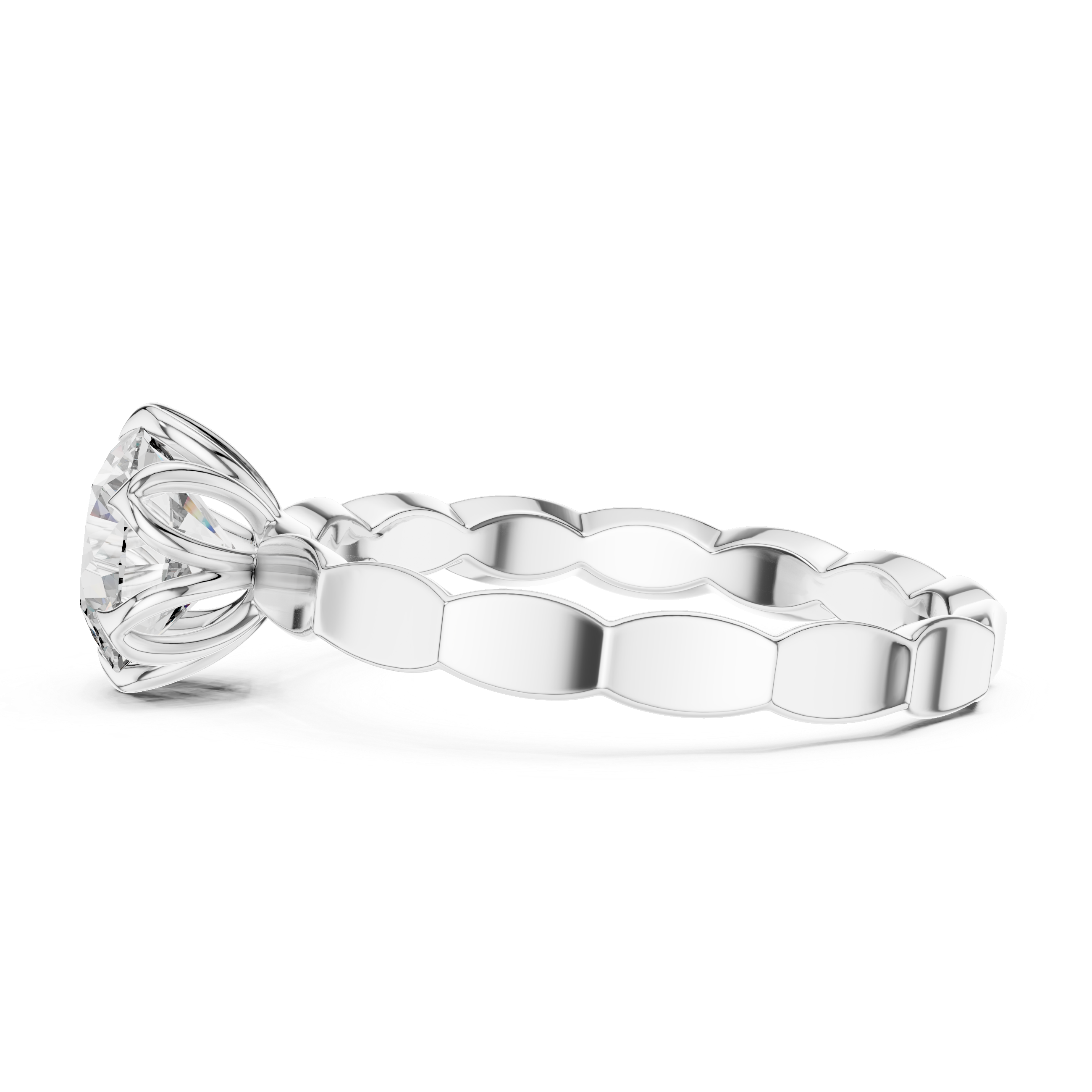 1 carat 6.5mm round lab-grown diamond engagement ring named The Lily featuring a floral petal setting and scalloped white gold band by The Brillora Jewellery House, isolated on a black background.