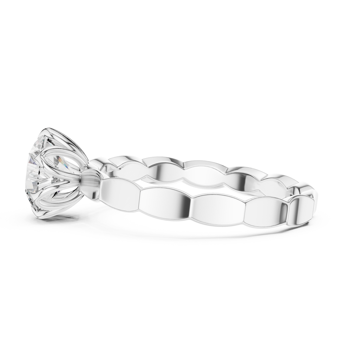 1 carat 6.5mm round lab-grown diamond engagement ring named The Lily featuring a floral petal setting and scalloped white gold band by The Brillora Jewellery House, isolated on a black background.