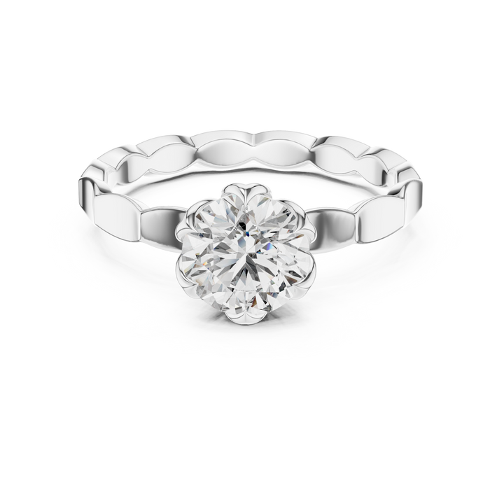 1 carat 6.5mm round lab-grown diamond engagement ring named The Lily featuring a floral petal setting and scalloped white gold band by The Brillora Jewellery House, isolated on a black background.
