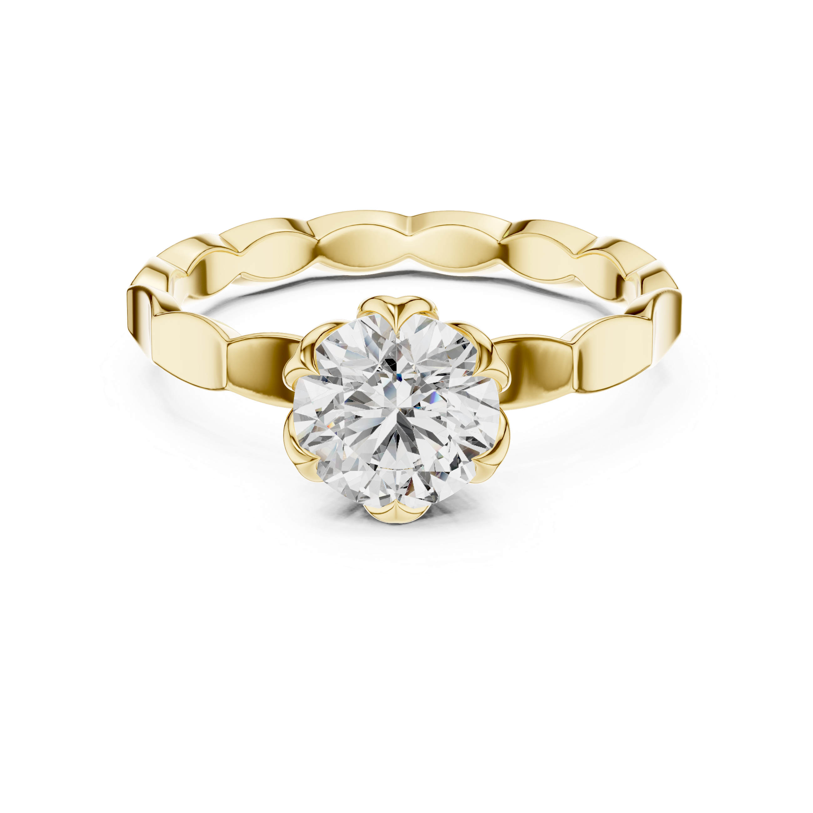 1 carat 6.5mm round lab-grown diamond engagement ring named The Lily featuring a floral petal setting and scalloped white gold band by The Brillora Jewellery House, isolated on a black background.