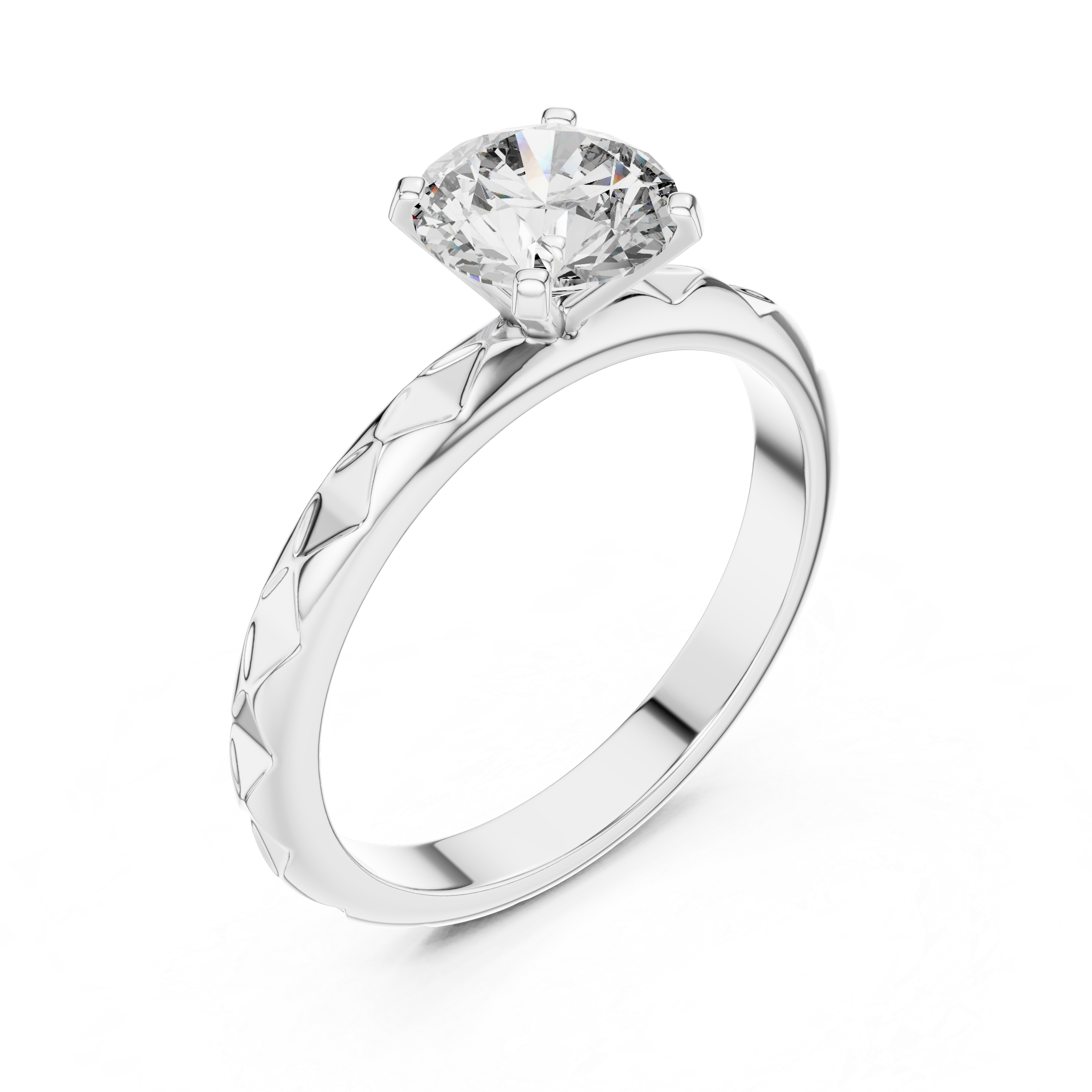 1 carat 6.5mm round lab-grown diamond engagement ring named The Harper featuring a geometric quilted white gold band by The Brillora Jewellery House, isolated on a black background.