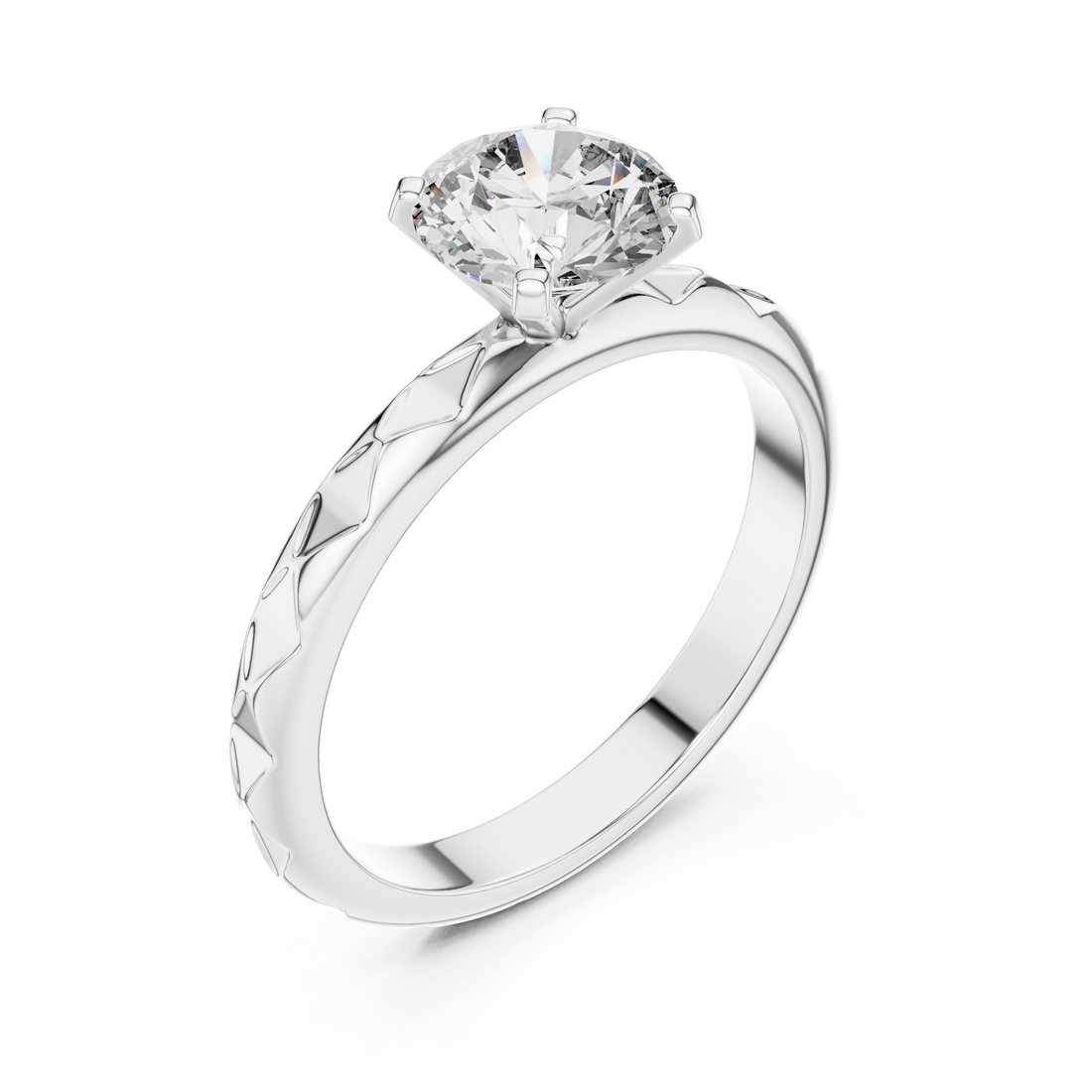 1 carat 6.5mm round lab-grown diamond engagement ring named The Harper featuring a geometric quilted white gold band by The Brillora Jewellery House, isolated on a black background.
