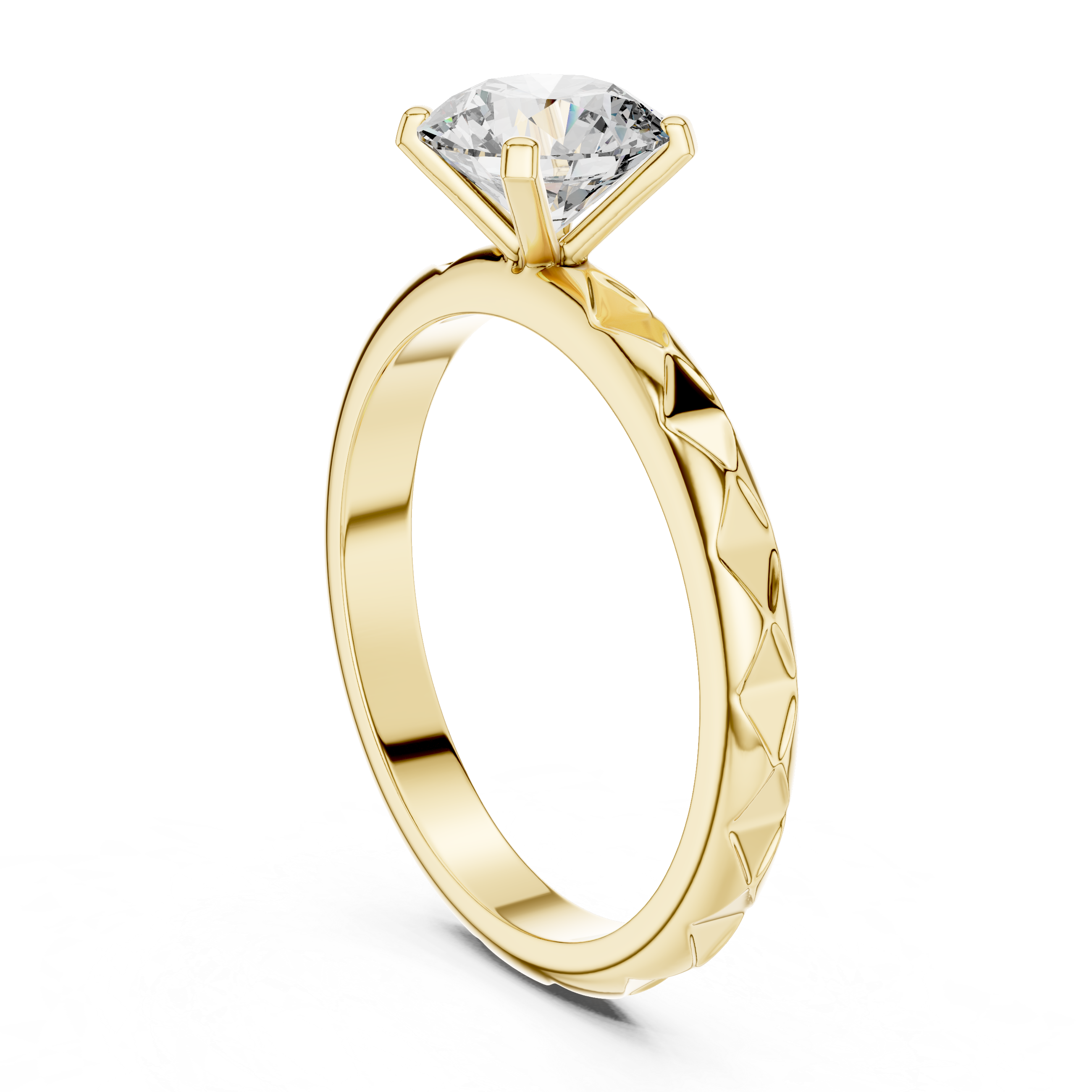 1 carat 6.5mm round lab-grown diamond engagement ring named The Harper featuring a geometric quilted white gold band by The Brillora Jewellery House, isolated on a black background.