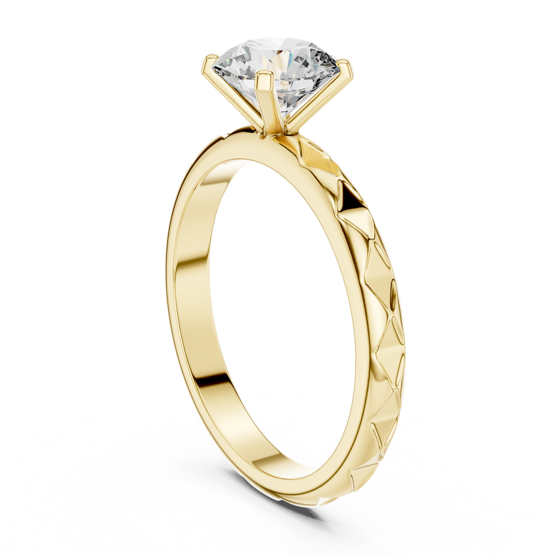 1 carat 6.5mm round lab-grown diamond engagement ring named The Harper featuring a geometric quilted white gold band by The Brillora Jewellery House, isolated on a black background.