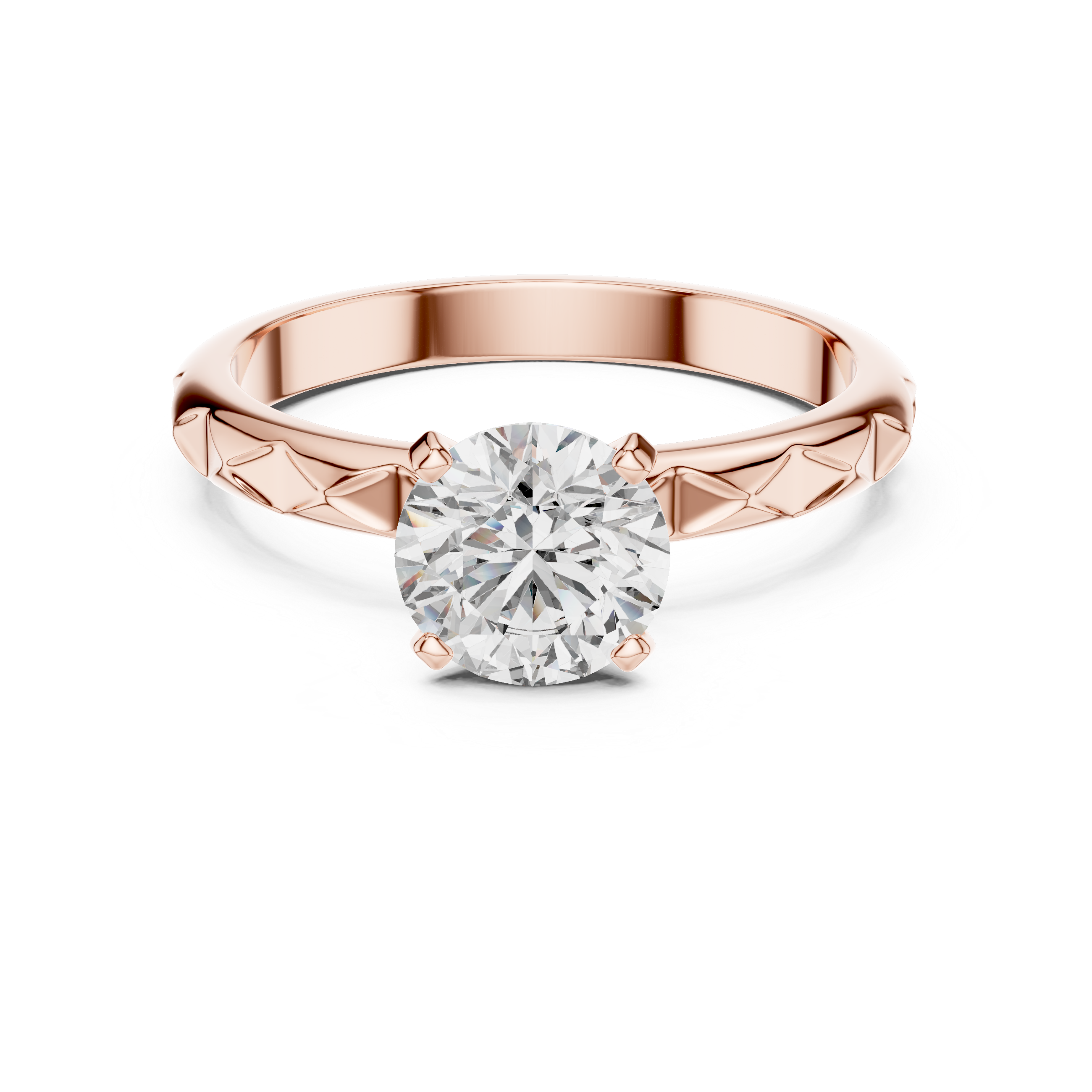 1 carat 6.5mm round lab-grown diamond engagement ring named The Harper featuring a geometric quilted white gold band by The Brillora Jewellery House, isolated on a black background.