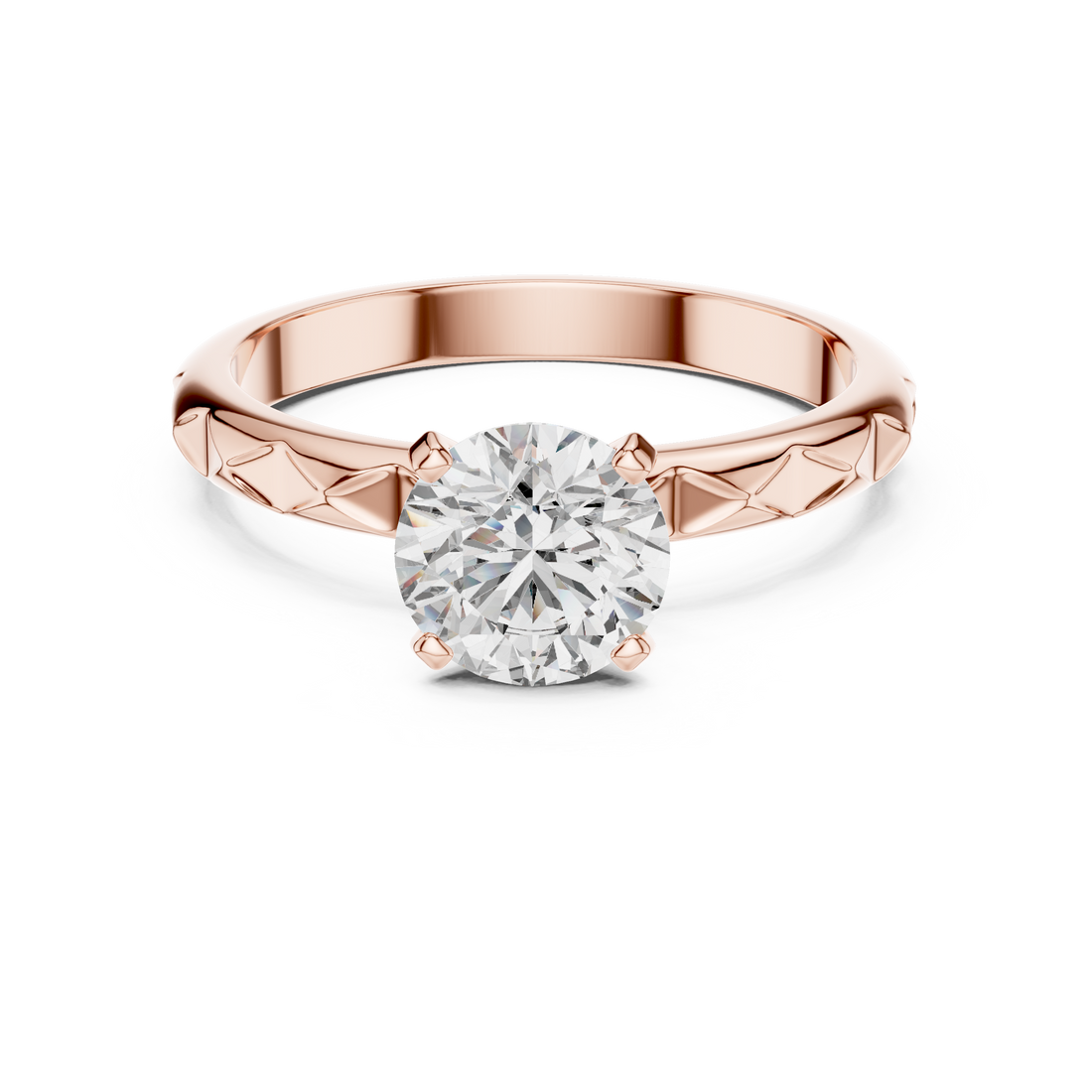 1 carat 6.5mm round lab-grown diamond engagement ring named The Harper featuring a geometric quilted white gold band by The Brillora Jewellery House, isolated on a black background.