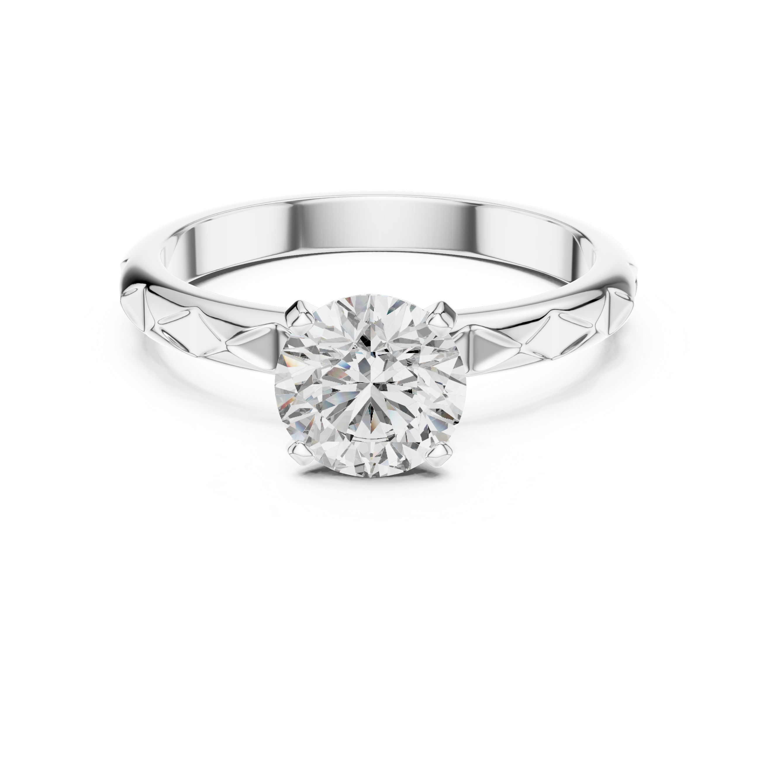 1 carat 6.5mm round lab-grown diamond engagement ring named The Harper featuring a geometric quilted white gold band by The Brillora Jewellery House, isolated on a black background.