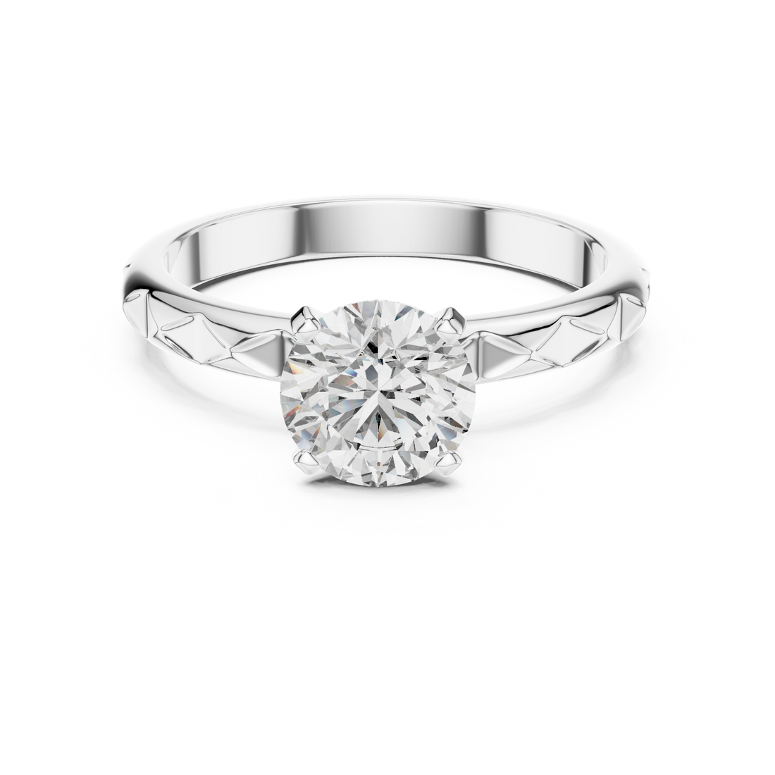 1 carat 6.5mm round lab-grown diamond engagement ring named The Harper featuring a geometric quilted white gold band by The Brillora Jewellery House, isolated on a black background.
