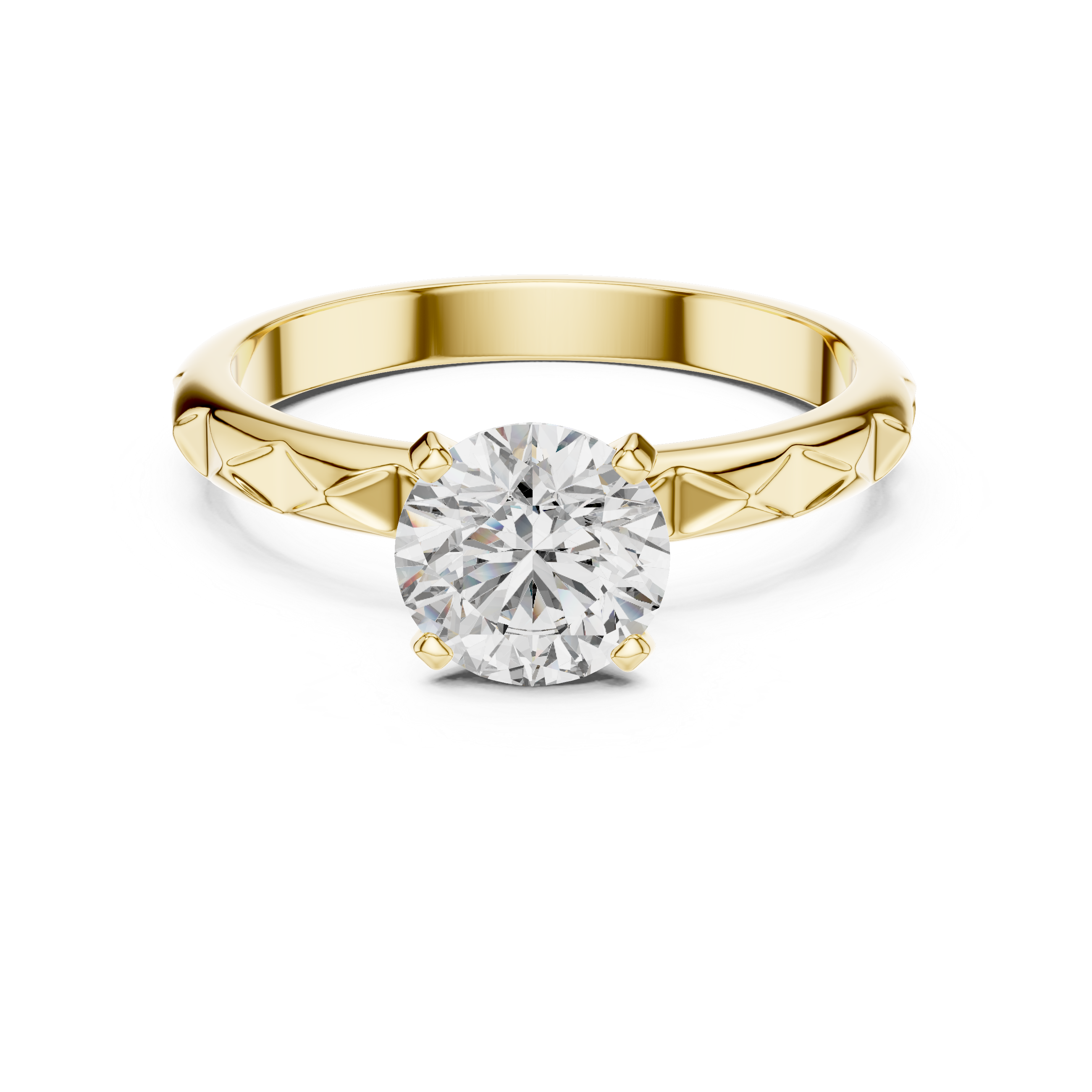 1 carat 6.5mm round lab-grown diamond engagement ring named The Harper featuring a geometric quilted white gold band by The Brillora Jewellery House, isolated on a black background.