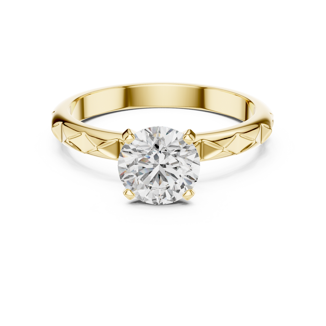 1 carat 6.5mm round lab-grown diamond engagement ring named The Harper featuring a geometric quilted white gold band by The Brillora Jewellery House, isolated on a black background.
