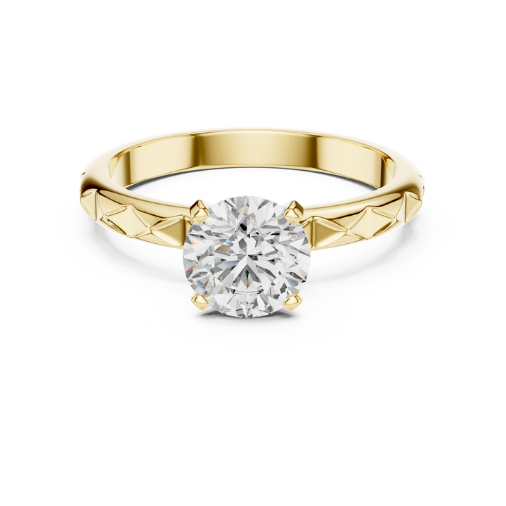 1 carat 6.5mm round lab-grown diamond engagement ring named The Harper featuring a geometric quilted white gold band by The Brillora Jewellery House, isolated on a black background.