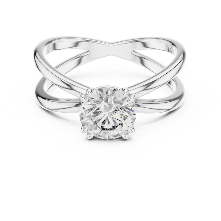 1 carat 6.5mm round lab-grown diamond engagement ring named The Cleo featuring a modern double band yellow gold setting by The Brillora Jewellery House, isolated on a black background.