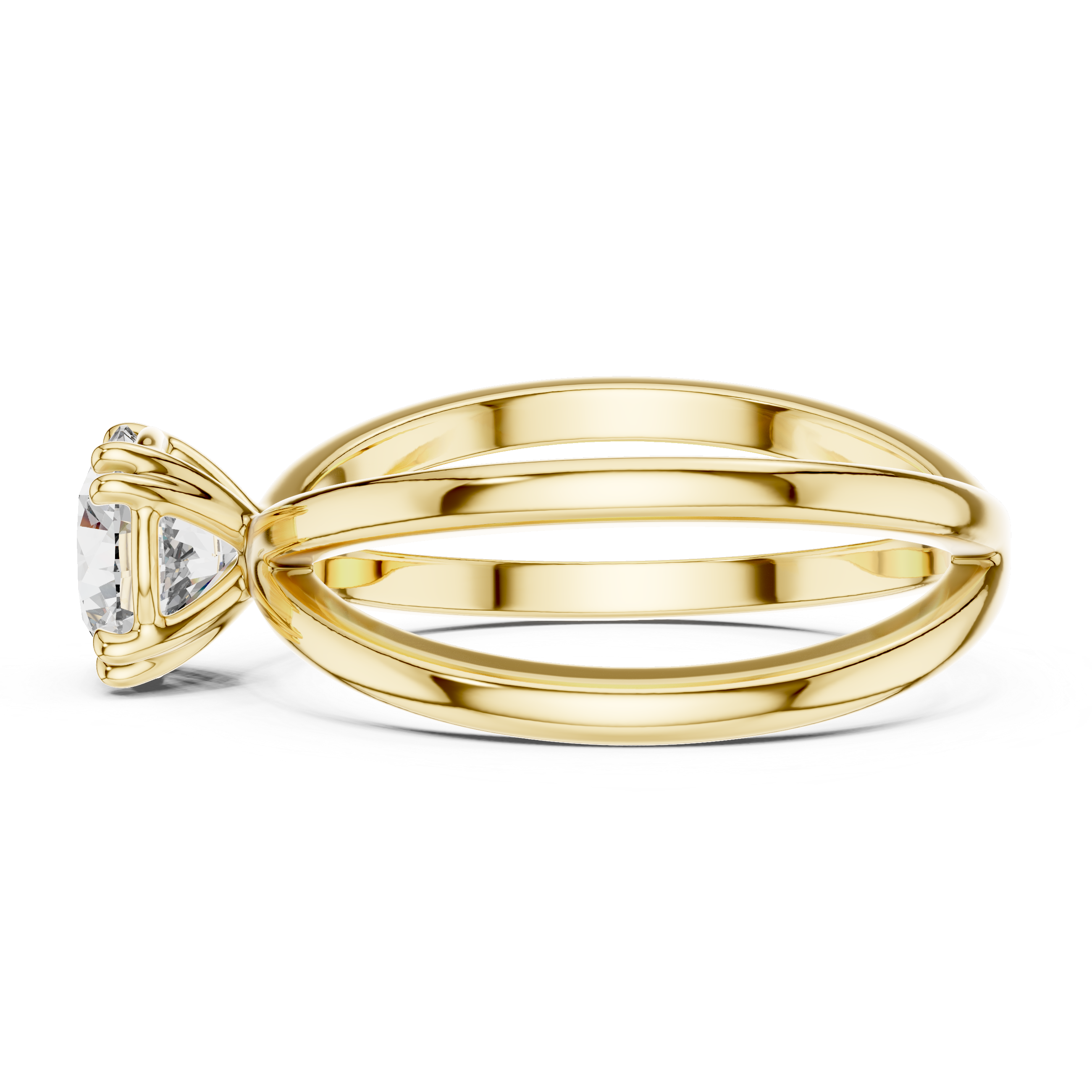 1 carat 6.5mm round lab-grown diamond engagement ring named The Cleo featuring a modern double band yellow gold setting by The Brillora Jewellery House, isolated on a black background.