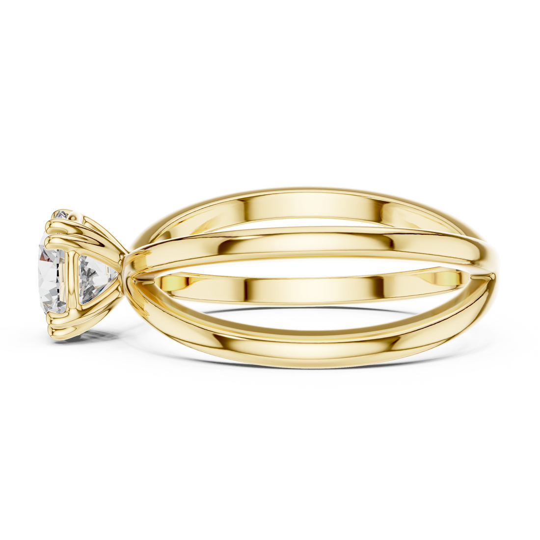 1 carat 6.5mm round lab-grown diamond engagement ring named The Cleo featuring a modern double band yellow gold setting by The Brillora Jewellery House, isolated on a black background.