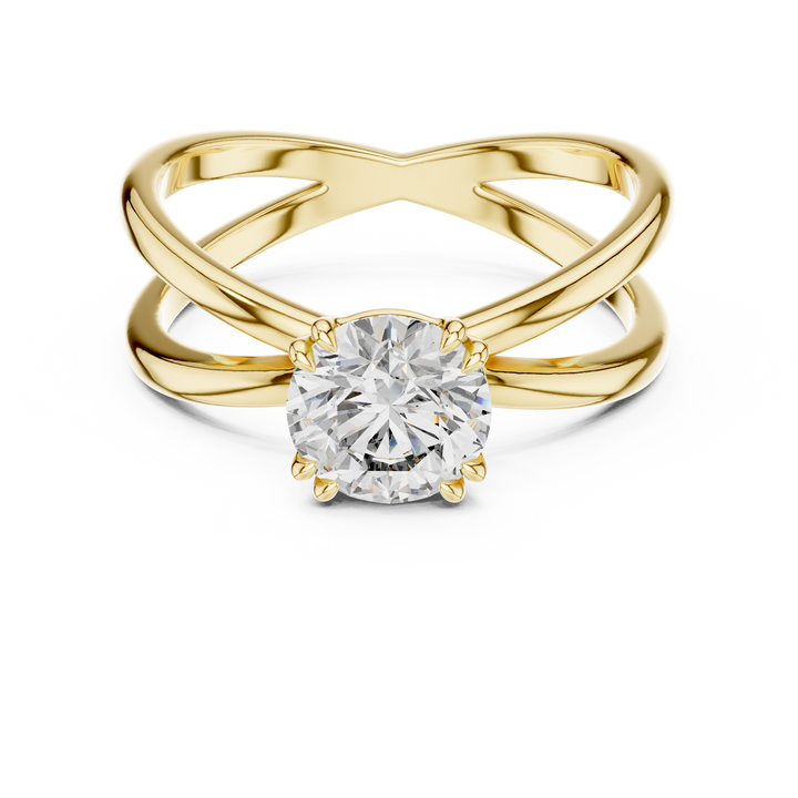 1 carat 6.5mm round lab-grown diamond engagement ring named The Cleo featuring a modern double band yellow gold setting by The Brillora Jewellery House, isolated on a black background.