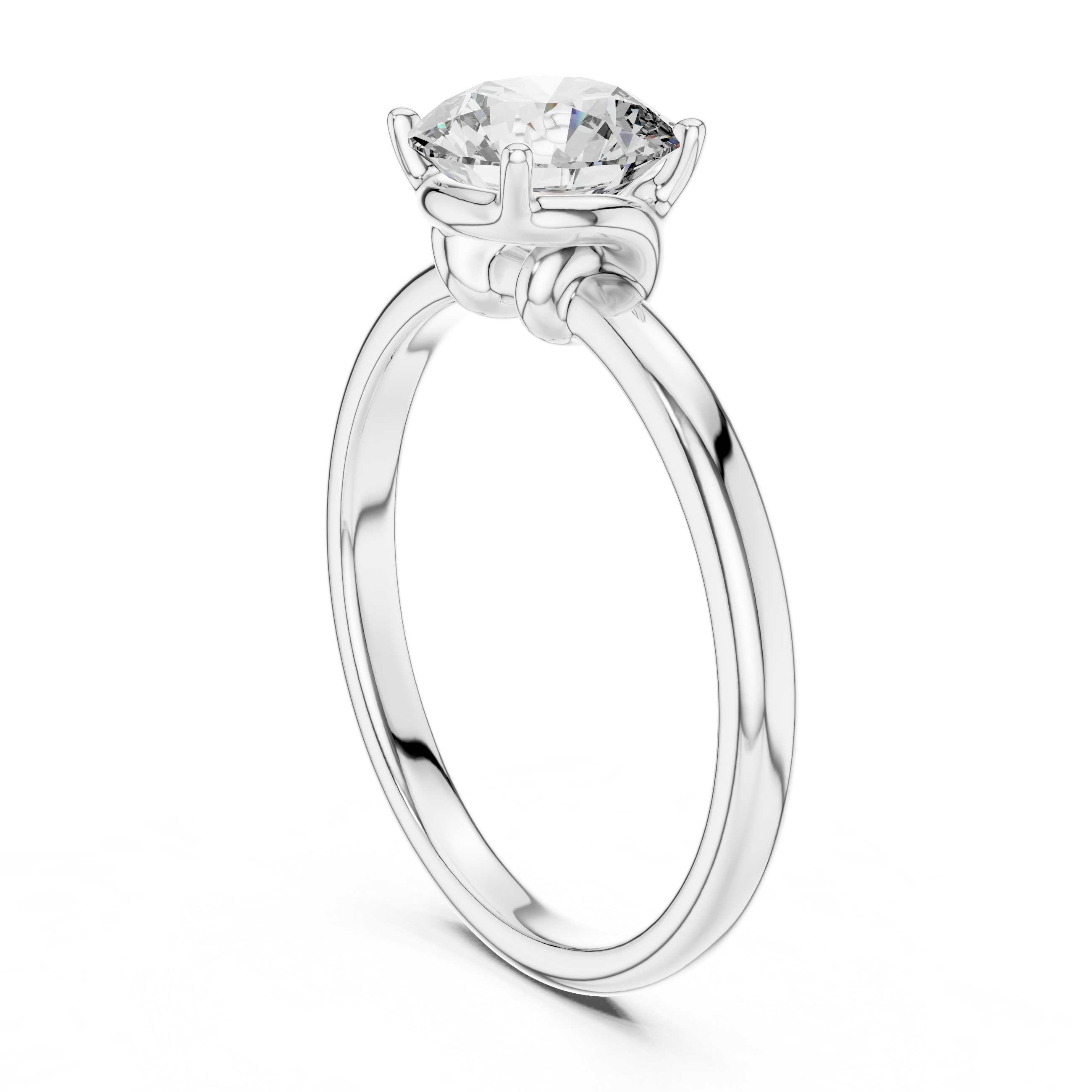 1 carat 6.5mm round lab-grown diamond engagement ring named The Penelope featuring a smooth yellow gold band and an intricate twisted knot gallery setting by The Brillora Jewellery House, viewed from the side on a black background.