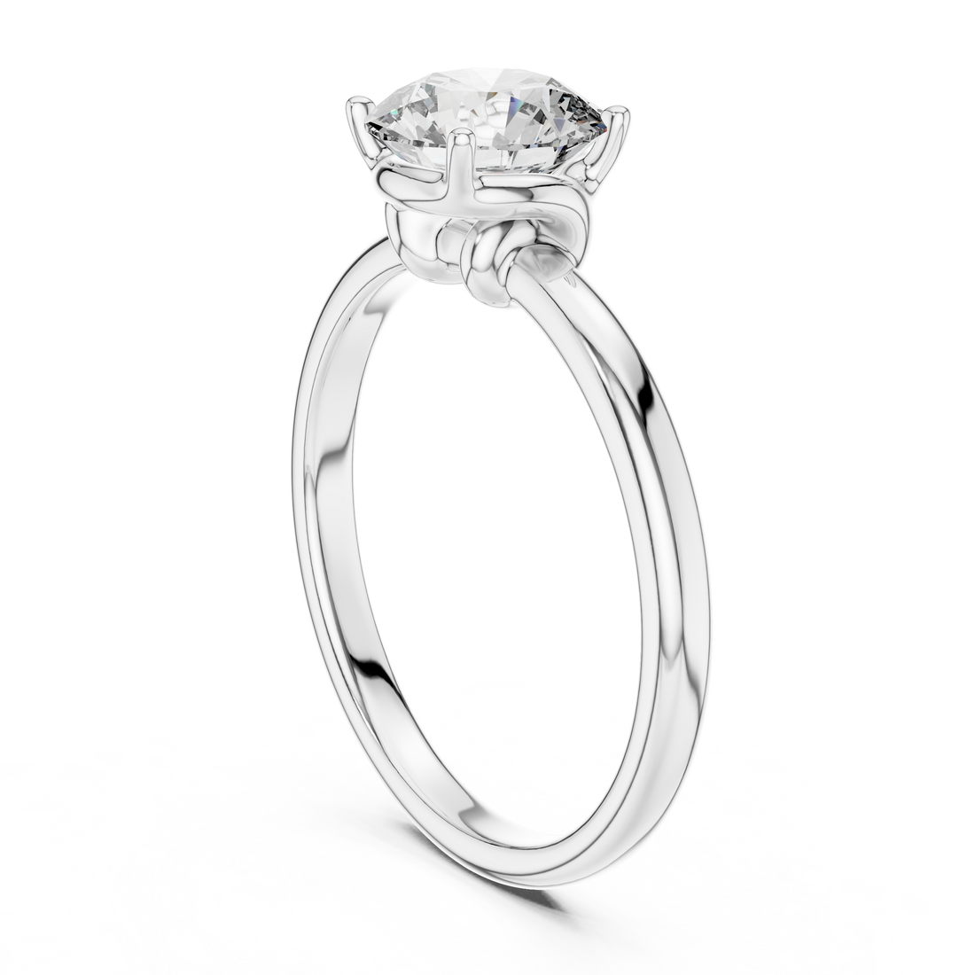 1 carat 6.5mm round lab-grown diamond engagement ring named The Penelope featuring a smooth yellow gold band and an intricate twisted knot gallery setting by The Brillora Jewellery House, viewed from the side on a black background.