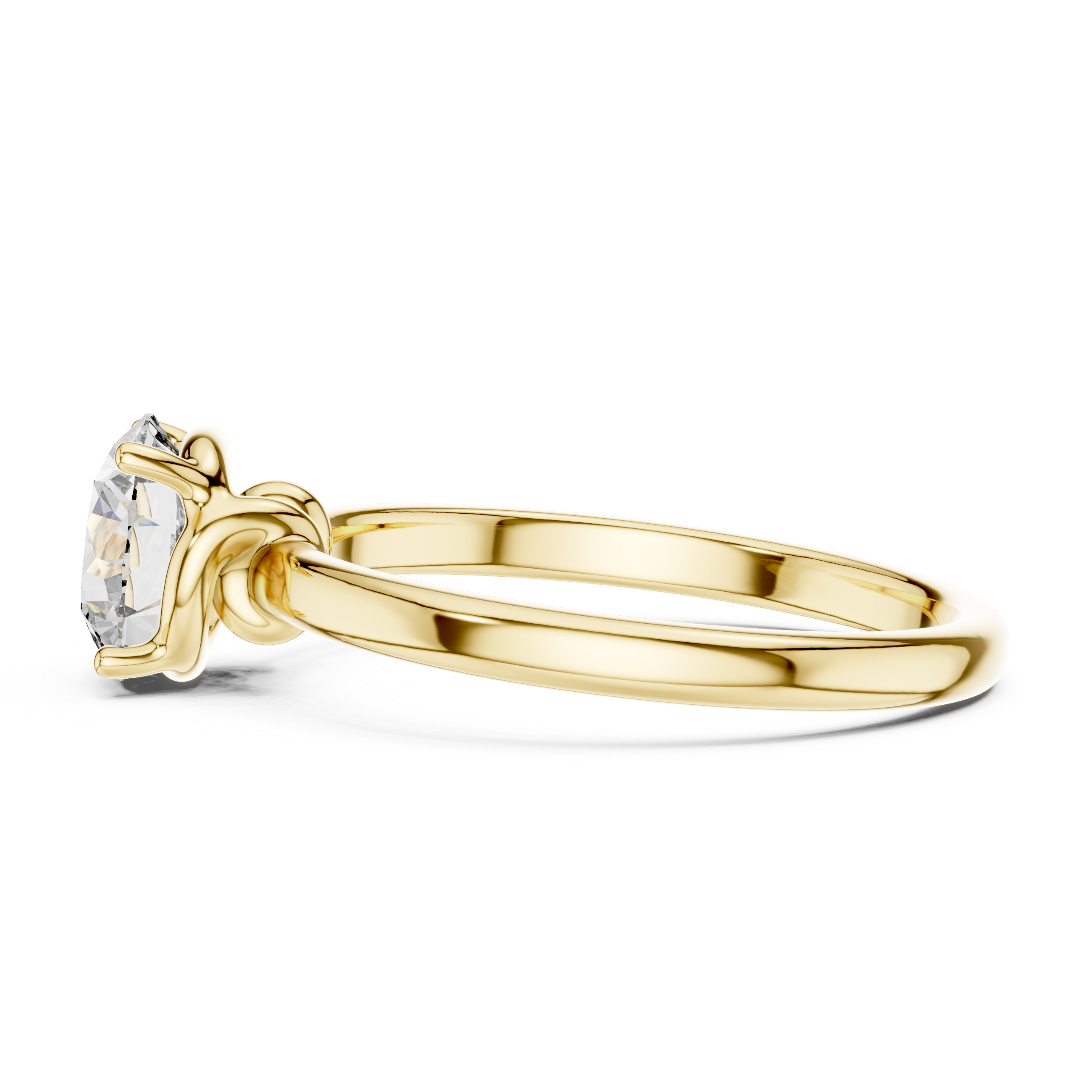 1 carat 6.5mm round lab-grown diamond engagement ring named The Penelope featuring a smooth yellow gold band and an intricate twisted knot gallery setting by The Brillora Jewellery House, viewed from the side on a black background.