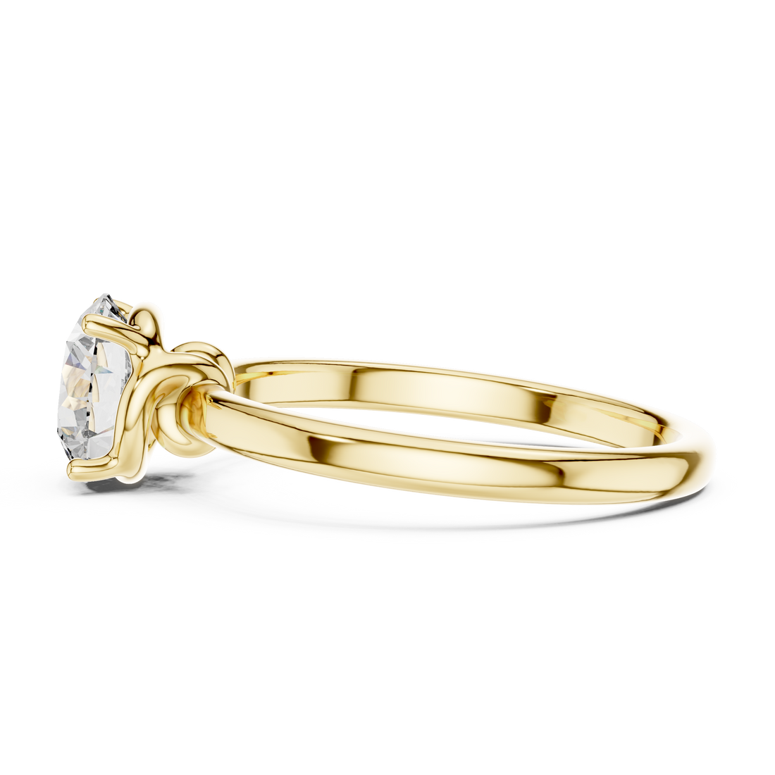 1 carat 6.5mm round lab-grown diamond engagement ring named The Penelope featuring a smooth yellow gold band and an intricate twisted knot gallery setting by The Brillora Jewellery House, viewed from the side on a black background.