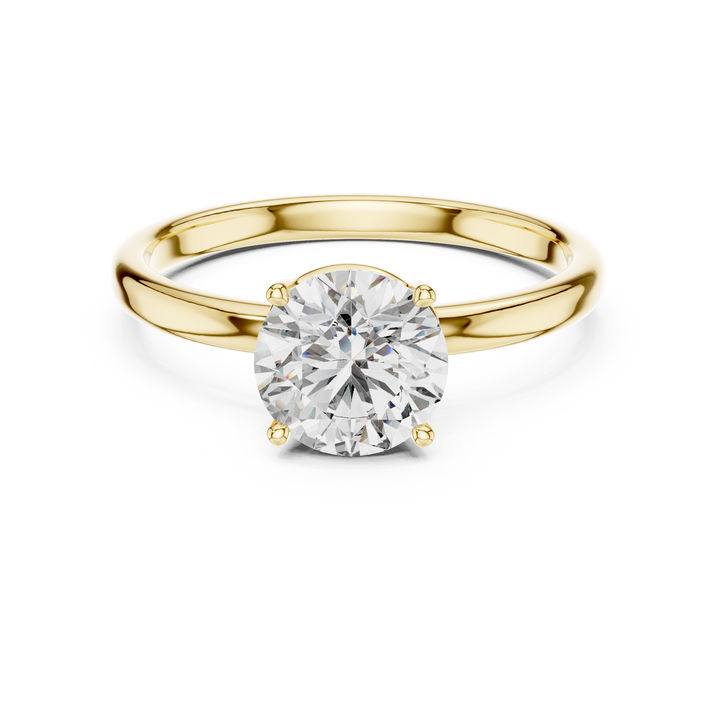 1 carat 6.5mm round lab-grown diamond engagement ring named The Penelope featuring a smooth yellow gold band and an intricate twisted knot gallery setting by The Brillora Jewellery House, viewed from the side on a black background.